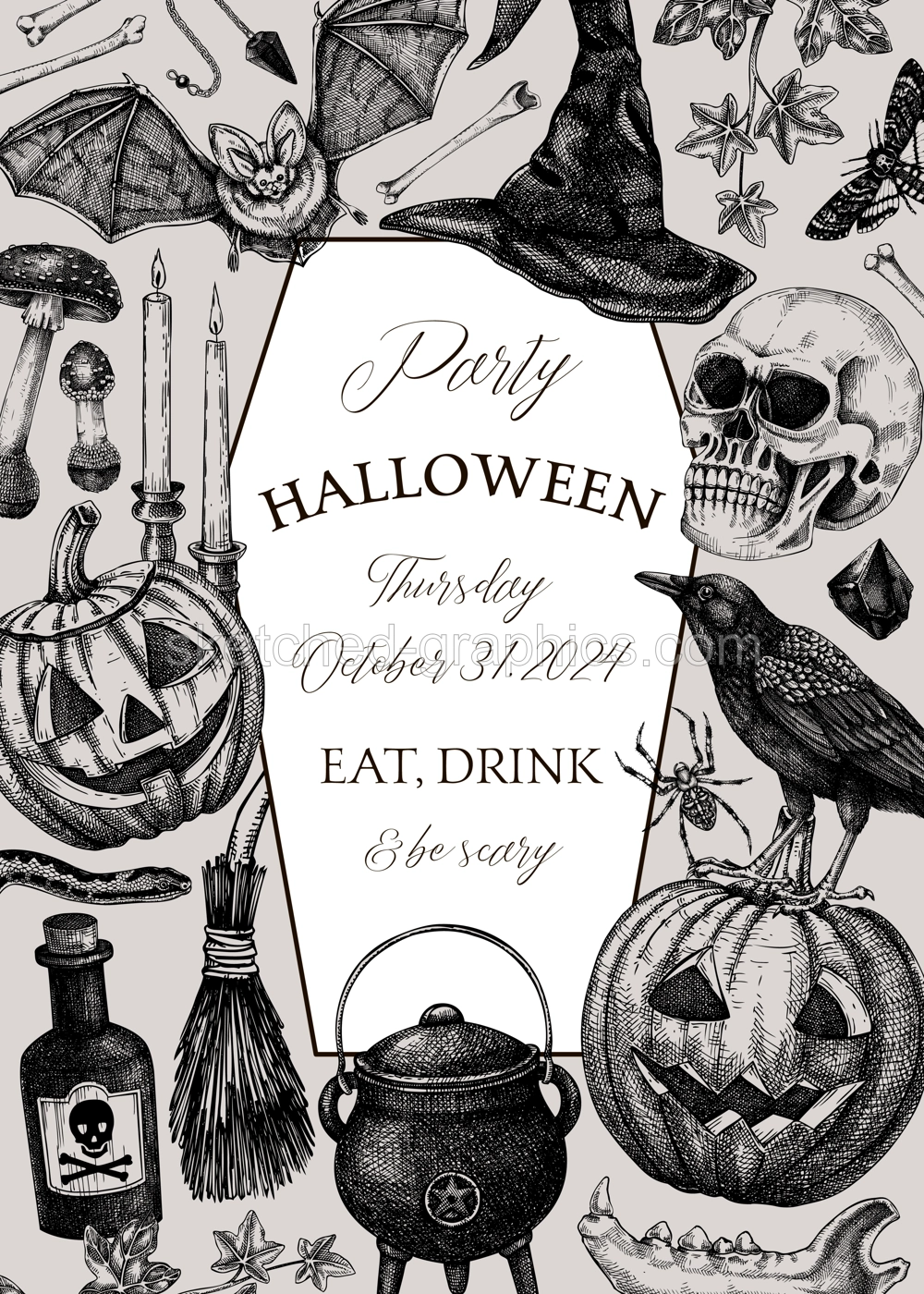 Vintage Halloween frame design. Hand-drawn vector illustration. Skull, bones, pumpkin, poisons, cauldron sketch. Witch party invitation, poster, flyer. Not AI generated Illustration